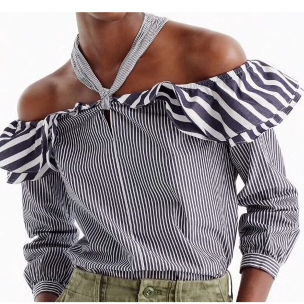J. Crew Black and White Asymmetrical Ruffled Blouse Size 6